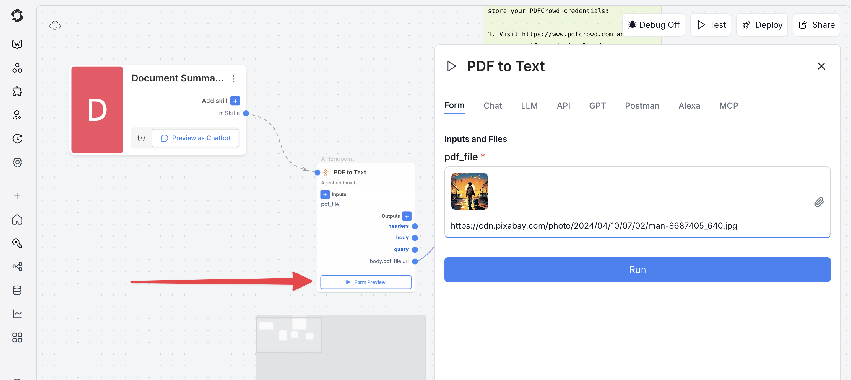 Testing Document Summarizer Agent from toolbar